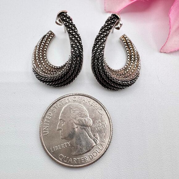 Tested Silver Twisted Hoop Earrings Faux Marcasite Milgrain Cobbled 9.23 Grams - Picture 13 of 16